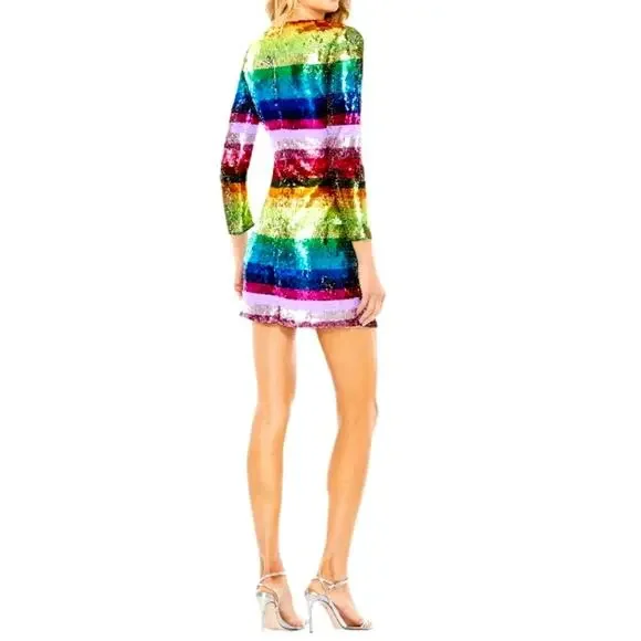 Mac Duggal Rainbow Sequin Mini Long Sleeve Dress Fun Pride size 6 - Picture 5 of 7